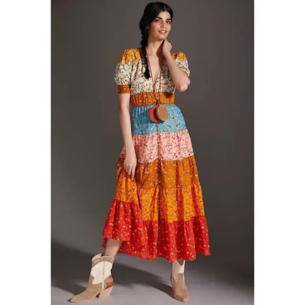 Anthropologie Maeve Tiered and True floral multicolored button maxi shirt dress